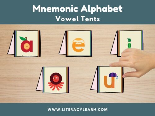 Graphic showing 5 vowel tents with mnemonic alphabet letters.