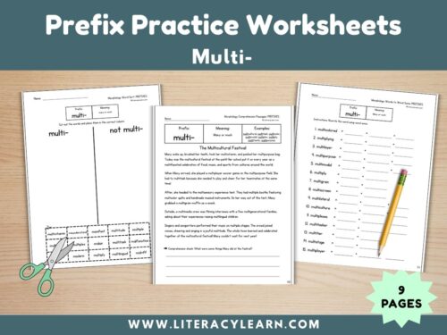 Cover graphic showing prefix worksheets for multi-.