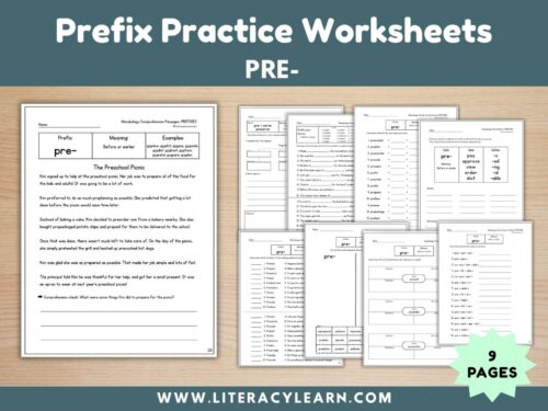 Cover showing 9 worksheets for prefix pre-.