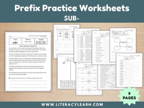Cover showing 9 prefix worksheets for sub-.