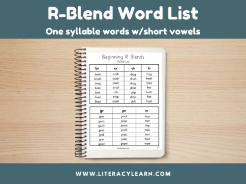 Cover titled "R-Blend Word List" with notebook and picture of word list.