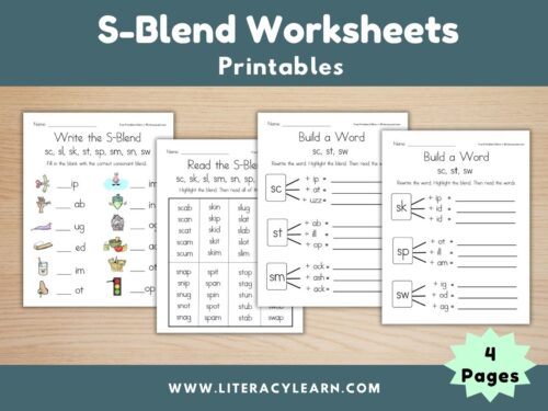 Graphic showing graphic showing four S-blend worksheets.