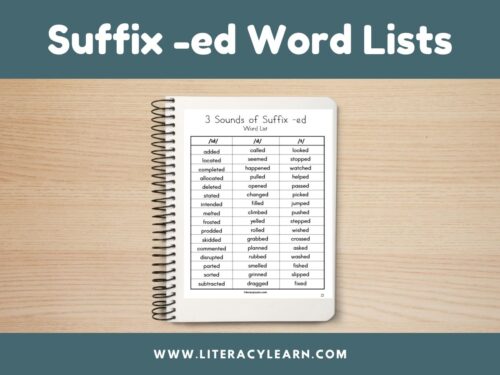 Cover titled "Suffix -ed Word List" with notebook and picture of word list.