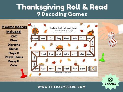 Graphic titled, 'Thanksgiving Roll & Read: 9 Decoding Games."
