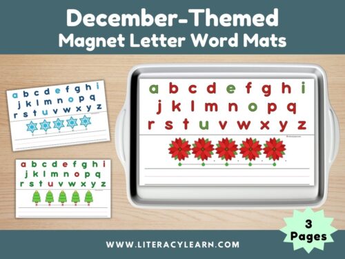 Cover showing December holiday theme magnet letter word mats.