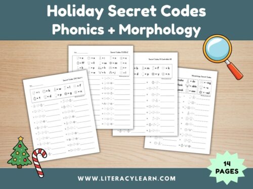 Graphic titled, "Holiday Secret Codes Worksheets for Phonics and Morphology."