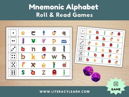 Graphic showing the roll and read games for mnemonic Alphabet.