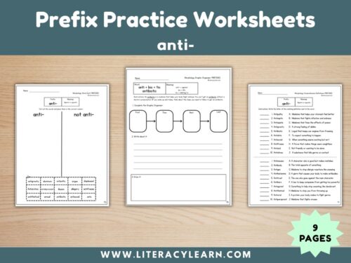 Cover showing prefix practice worksheets for the prefix anti-.