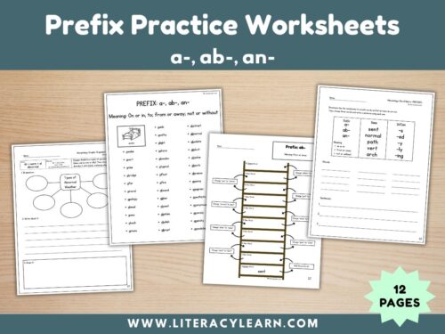 Cover showing prefix practice worksheets for the prefix a-, ab-, an.