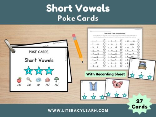 Cover showing short vowel poke cards and recording sheet.