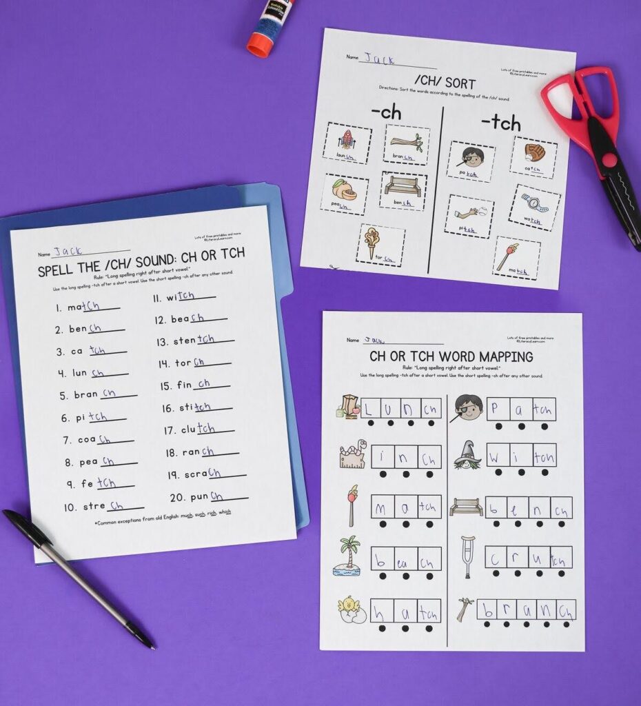 Picture showing three ch vs. tch spelling worksheets.