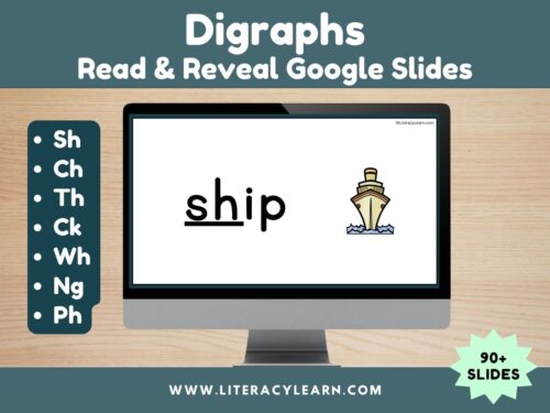Graphic titled, "Digraphs Read and Reveal Google Slides."