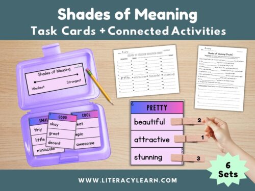 Graphic showing shades of meaning task cards with extra activities.