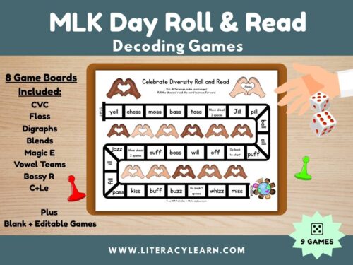 Cover graphic showing MLK Day Roll & Read Games.