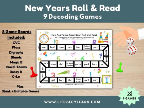 Cover graphic showing New Years Roll & Read Games.