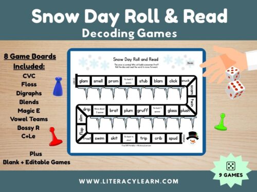 Cover graphic showing Snow Day Roll & Read Games.