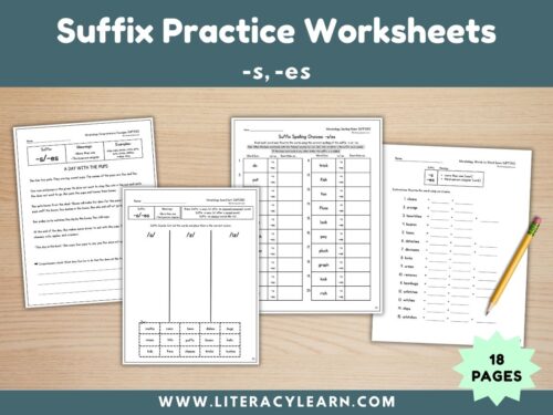 Cover showing suffix practice worksheets for suffix -s and -es.