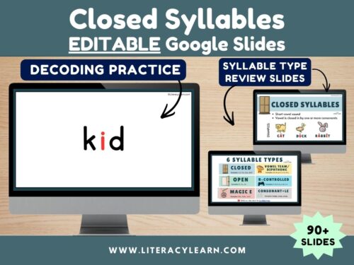 Graphic titled, "Closed Syllable Types Editable Google Slides."