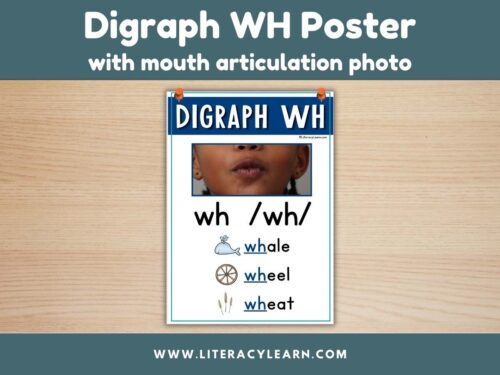 Graphic titled, "Digraph WH Poster with mouth articulation photo."