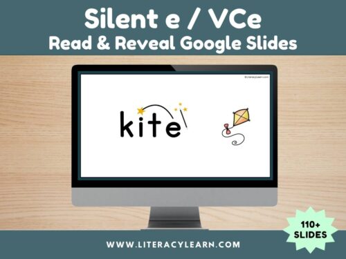 Graphic titled, "Silent e/VCe Read & Reveal Google Slides."