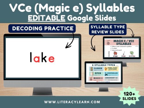 Graphic titled, "Vce/magic e Syllable Types Editable Google Slides."