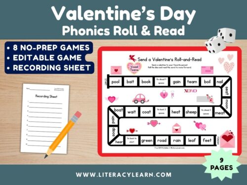 Graphic titled, "Valentine's Day Phonics Roll & Read."
