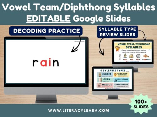 Graphic titled, "Vowel team/diphthong Syllable Types Editable Google Slides."