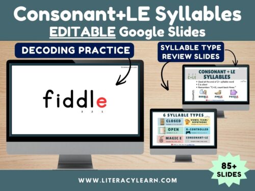 Graphic titled, "Consonant+LE Syllable Types Editable Google Slides."