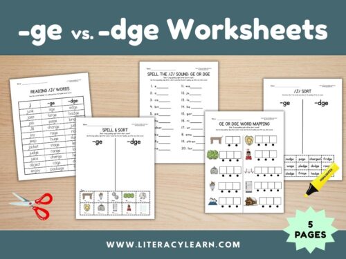 Graphic showing -ge vs -dge long spelling rule worksheet.