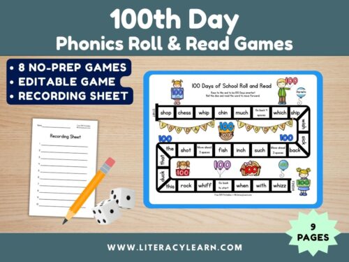 Graphic titled, "100th Day Phonics Roll & Read."