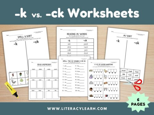Graphic showing k vs ck long spelling rule worksheet.