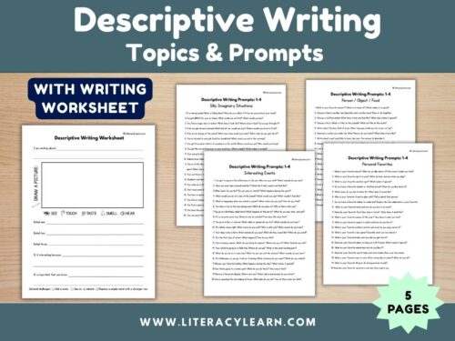 Graphic titled, "80 Descriptive Writing Topics with Writing Worksheets."