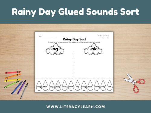 Cover graphic showing rainy day glued sounds sort.