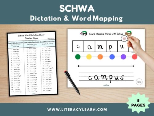 Cover showing the Schwa Word Mapping and dictation worksheet.