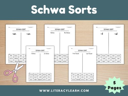 Cover showing five sort worksheets for schwa sorts.