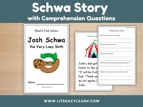 Graphic titled, "Schwa Story with comprehension questions" with Josh Schwa.