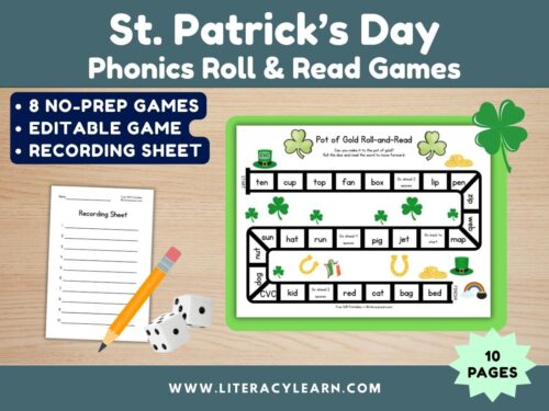 Cover showing St. Patrick's Day Phonics Roll and Read Games.