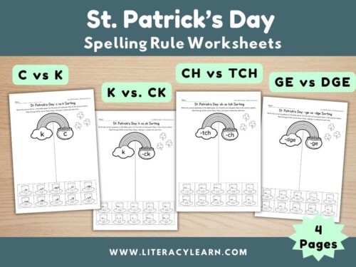 Cover showing the spelling rules worksheets for st. patrick's day.