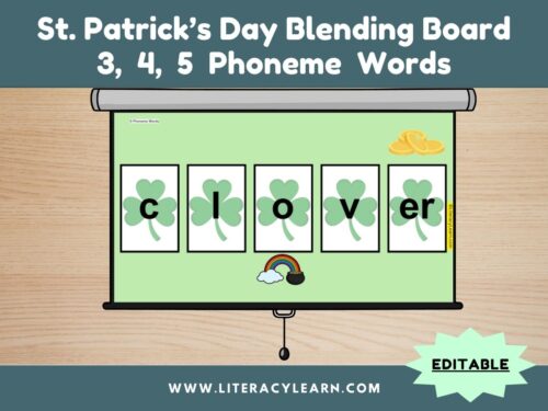 Graphic titled, "St. Patrick's Day Blending Board: 3, 4, 5 Phoneme Words."