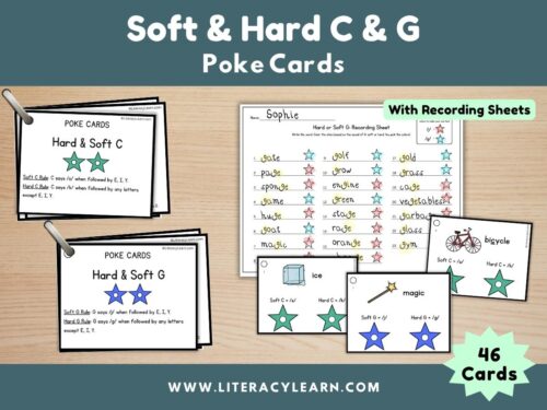 Cover graphic showing soft and hard c and g poke card task cards.