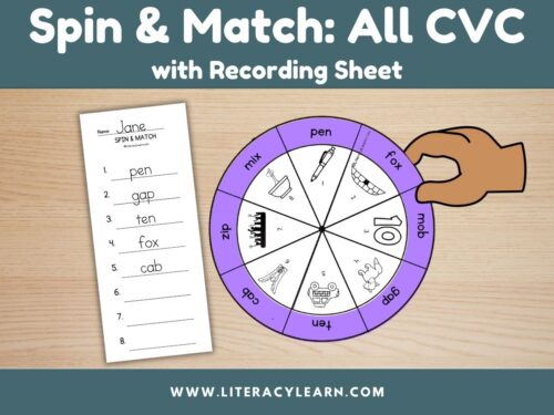 Graphic titled, "Spin & Match with Recording Sheet: All CVC."