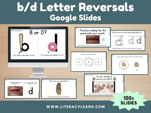 Graphic titled, "b/d letter reversals google slides."