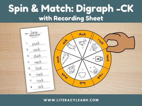 Graphic titled, "Spin & Match: Digraph -CK with recording sheet."