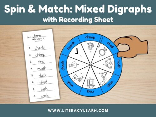Graphic titled, "Spin & Match: Mixed digraphs with recording sheet."
