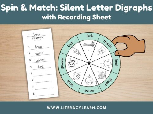 Graphic titled, 'Spin & match: Silent letter digraphs with recording sheet."