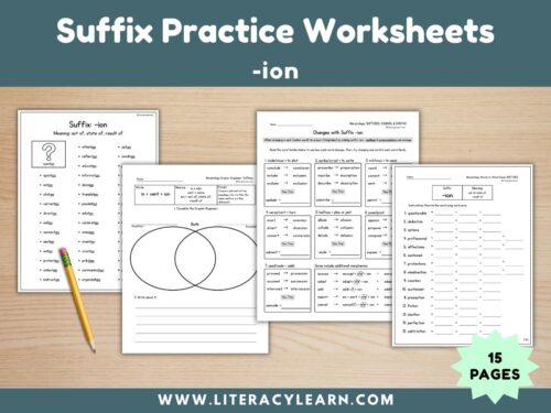 Cover showing the Suffix worksheets for suffix -ion.