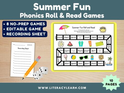 Cover for summer fun decoding phonics roll and read games.