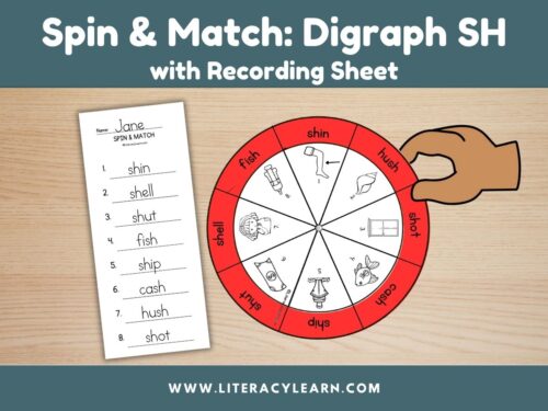 Graphic titled, "Spin and Match: Digraph SH with recording sheet."