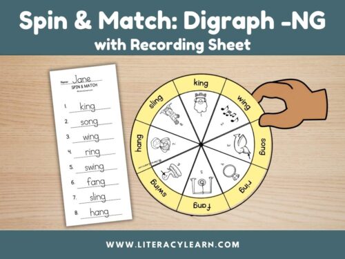 Graphic titled, "Spin and Match Wheels: Digraph NG with recording sheet."