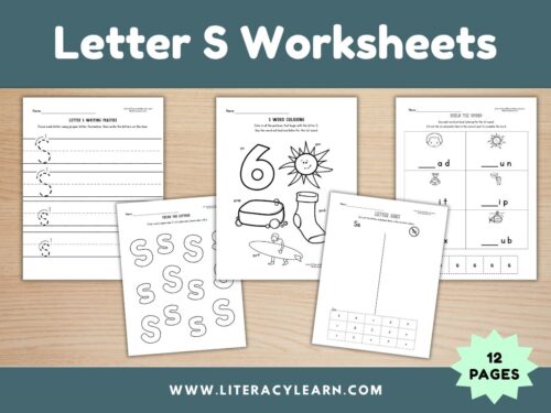 Cover graphic showing the Letter S Worksheets.